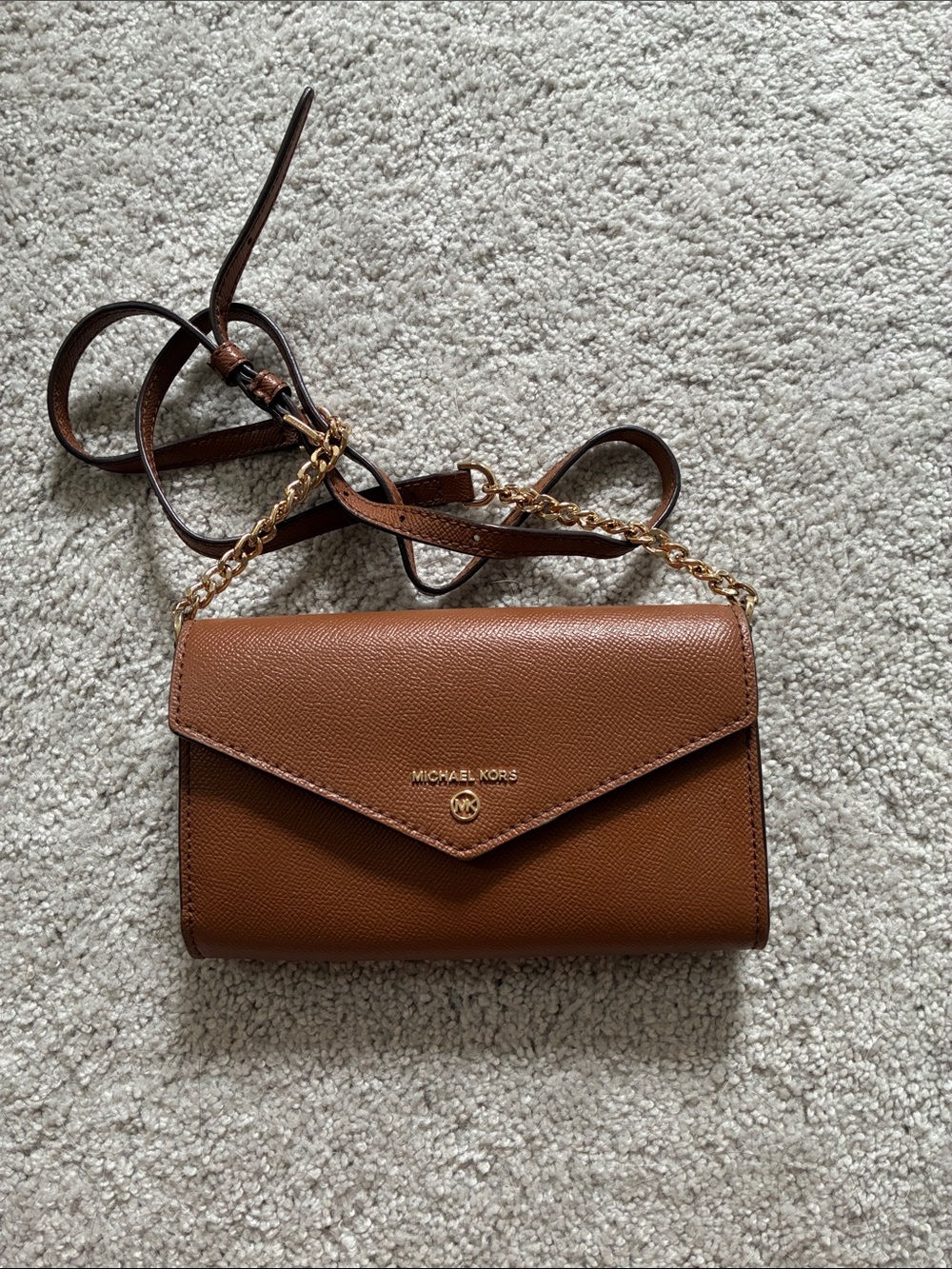 Michael Kors Cognac Leather Crossbody Wallet with Gold Chain